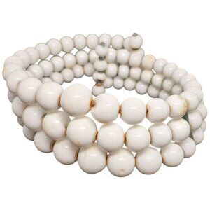 Vintage White Beaded Memory Wire Wrap Bracelet Glass Beads Boho Statement